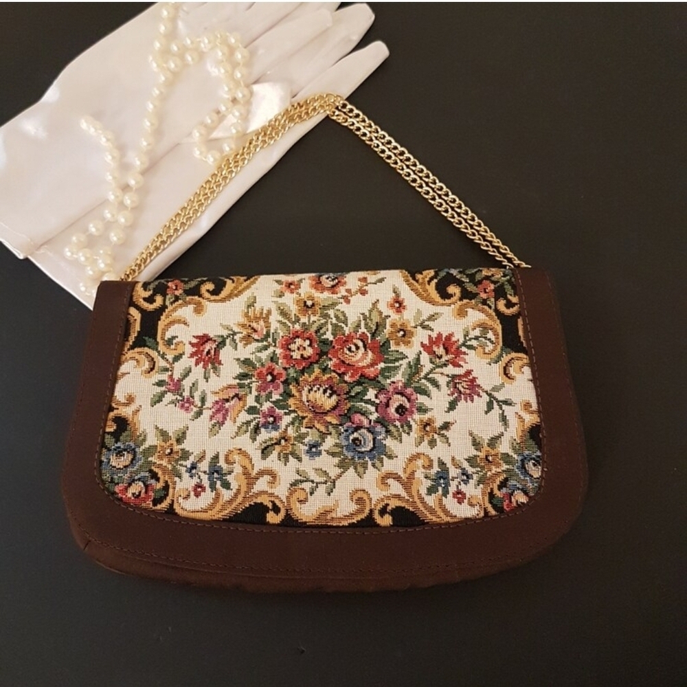VINTAGE Floral Tapestry Convertible Clutch Shoulder Bag Gold Chain Hong Kong - Picture 2 of 10